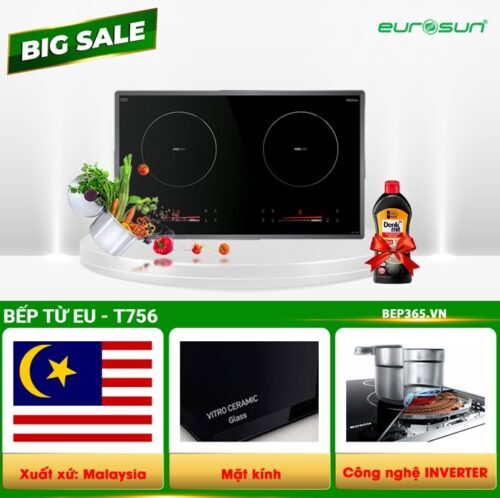 COMBO 8: Bếp từ đôi Eurosun EU-T756 + Máy hút mùi EUROSUN EH-70K11E + Chậu vòi rửa bát + Tặng bộ nồi