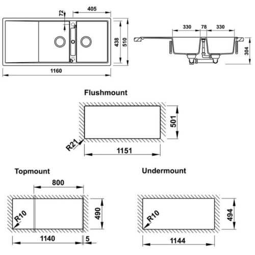 Chậu rửa bát đá Hafele HS19-GKD2S80 570.33.340 3 Kích thước chậu rửa bát đá Hafele HS19-GKD2S80 570.33.340