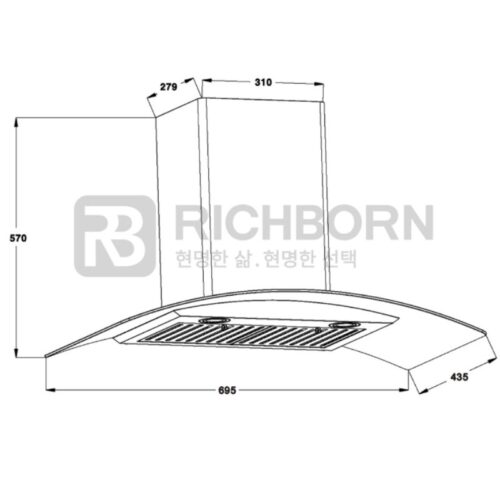 Máy hút mùi áp tường Richborn RHA70GFFB 3 Kích thước máy hút mùi áp tường Richborn RHA70GFFB
