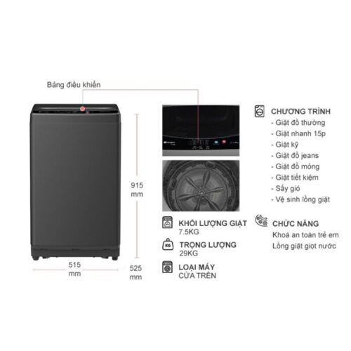 Máy Giặt Casper 7.5 Kg WT-75NG1 cửa trên 4 kich thuoc may giat casper 7 5 kg wt 75ng1 cua tren