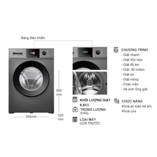 kich thuoc may giat casper inverter 9 5 kg wf 95vg5 cua truoc